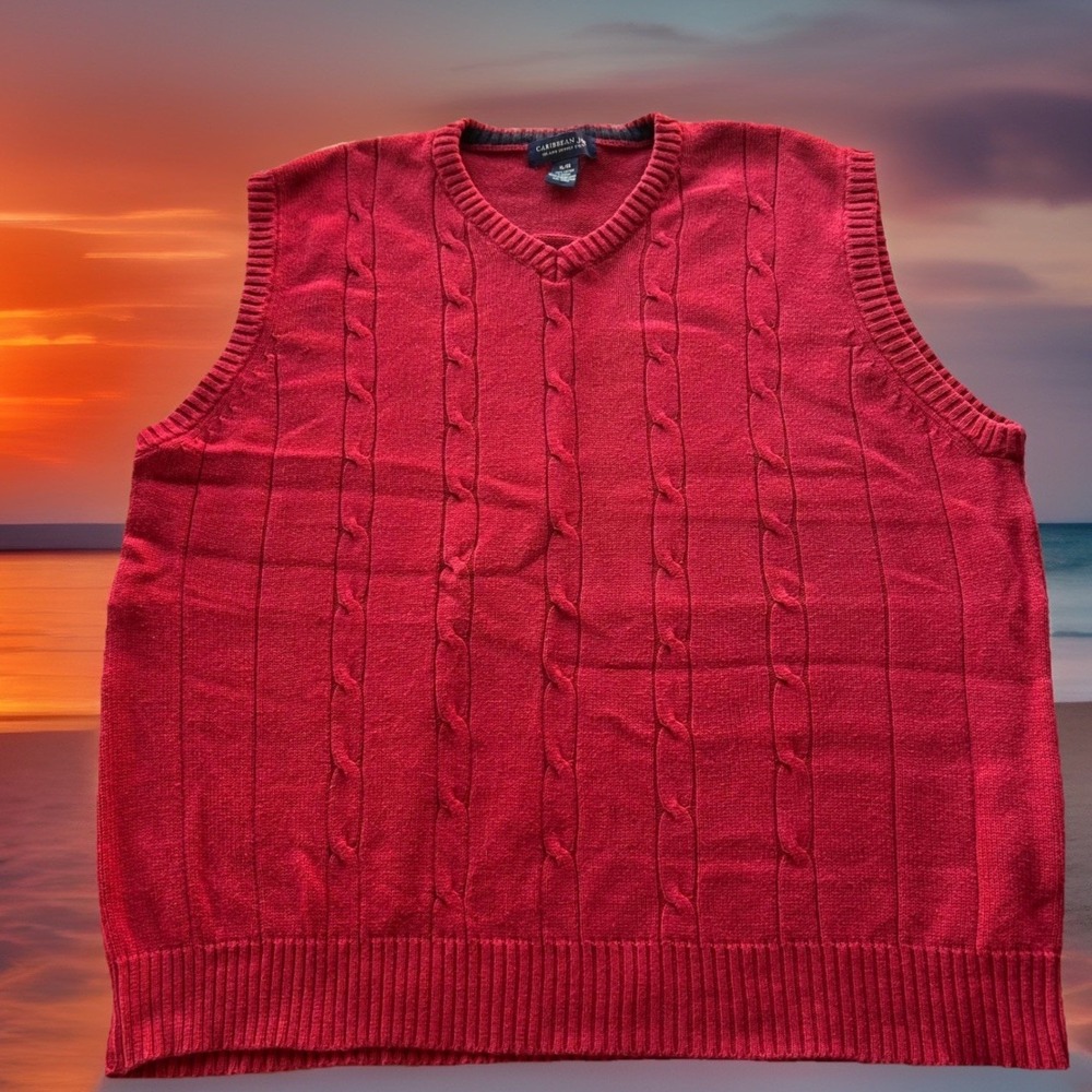 Caribbean Joe Mens Sweater Vest XL Red Cable Knit V-Neck Preppy Grandpacore